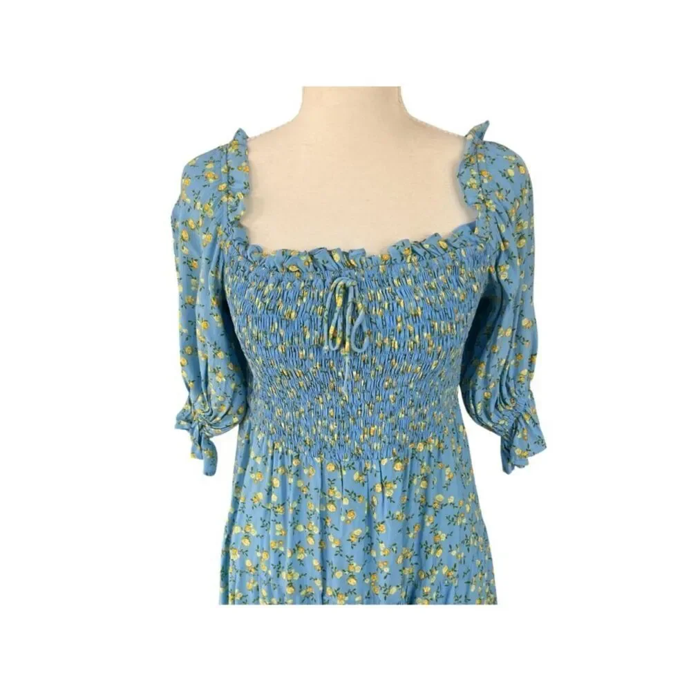 Faithfull The Brand NWT Charlotte Mini Dress Ana Floral Print Blue & Yellow Sz 4